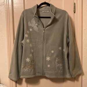Croft&Barrow 1X Fleece Full Zip Christmas! Light Green Embroidered Reindeer
